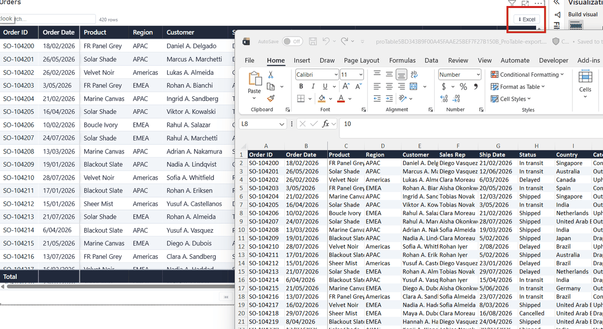 An exported xlsx file open in Excel beside the Power BI report, showing the styled header row and frozen panes carried through to the workbook.